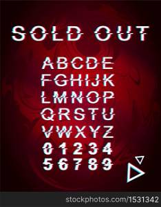 Sold out glitch font template. Retro futuristic style vector alphabet set on red holographic background. Capital letters, numbers and symbols. Shopping ad typeface design with distortion effect. Sold out glitch font template