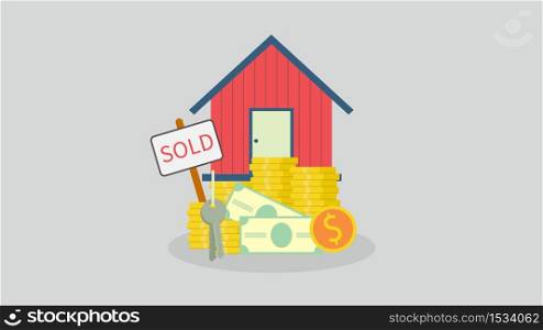 Sold sign in front of house in flat building style, vector illustration for real estate purchase