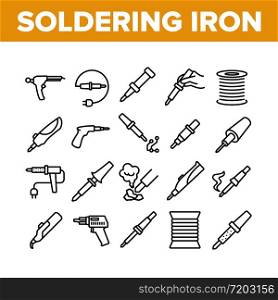 Soldering Iron Device Collection Icons Set Vector. Electronic Equipment And Reel With Metallic Material Cord For Soldering Concept Linear Pictograms. Monochrome Contour Illustrations. Soldering Iron Device Collection Icons Set Vector