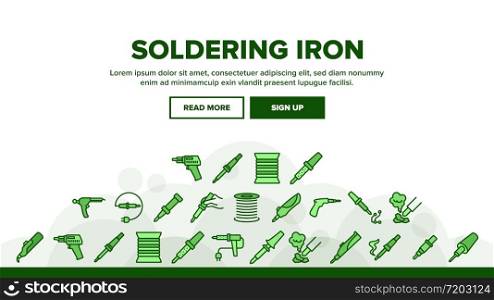 Soldering Iron Device Landing Web Page Header Banner Template Vector. Electronic Equipment And Reel With Metallic Material Cord For Soldering Illustrations. Soldering Iron Device Landing Header Vector
