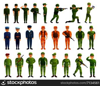 Soldier icons set. Cartoon set of soldier vector icons for web design. Soldier icons set, cartoon style