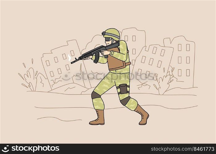 Soldier in uniform with gun walking destroyed city protecting land. Warrior on military service at war. Serviceman at front. Vector illustration.. Soldier with gun at war