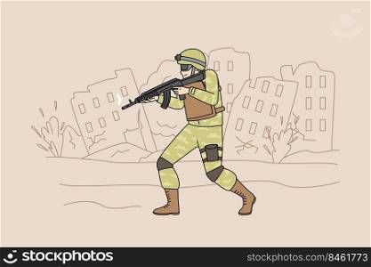 Soldier in uniform with gun walking destroyed city protecting land. Warrior on military service at war. Serviceman at front. Vector illustration.. Soldier with gun at war