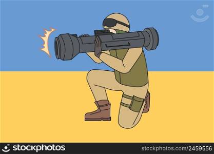 Soldier in uniform with missile weapon isolated on Ukrainian flag. Warrior or army man with anti-tank rifle fight for Ukraine in war against Russia. Modern rocket launcher. Vector illustration. . Soldier with missile weapon on Ukrainian flag isolated 