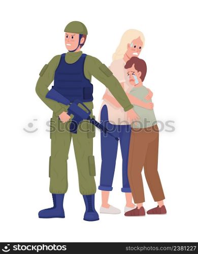 Soldier protects family semi flat color vector characters. Standing figures. Full body people on white. Militant defends people simple cartoon style illustration for web graphic design and animation. Soldier protects family semi flat color vector characters