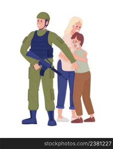 Soldier protects family semi flat color vector characters. Standing figures. Full body people on white. Militant defends people simple cartoon style illustration for web graphic design and animation. Soldier protects family semi flat color vector characters