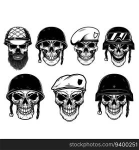 Soldier skull in military helmet. Design element for logo, label, sign. Vector illustration