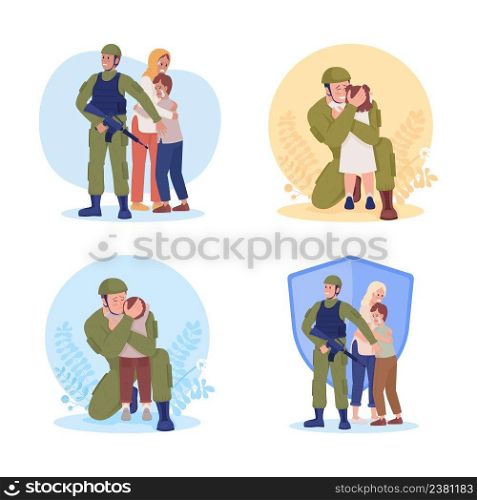 Soldiers 2D vector isolated illustration set. Militant protecting citizens flat characters on cartoon background. Soldier parting with child colourful scene for mobile, website, presentation pack. Soldiers 2D vector isolated illustration set