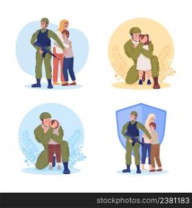 Soldiers 2D vector isolated illustration set. Militant protecting citizens flat characters on cartoon background. Soldier parting with child colourful scene for mobile, website, presentation pack. Soldiers 2D vector isolated illustration set