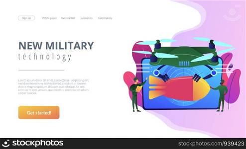 Soldiers and military drone armed with missile to attack enemy. Military drone, drones defense use, new military technology concept. Website vibrant violet landing web page template.. Military drone concept landing page.
