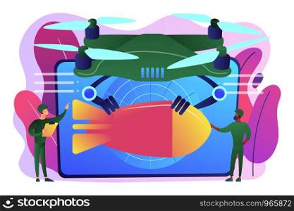 Soldiers and military drone armed with missile to attack enemy. Military drone, drones defense use, new military technology concept. Bright vibrant violet vector isolated illustration. Military drone concept vector illustration.