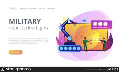 Soldiers at radar planning to use robot for military actions. Military robotics, automated army machinery, military robot technologies concept. Website vibrant violet landing web page template.. Military robotics concept landing page.
