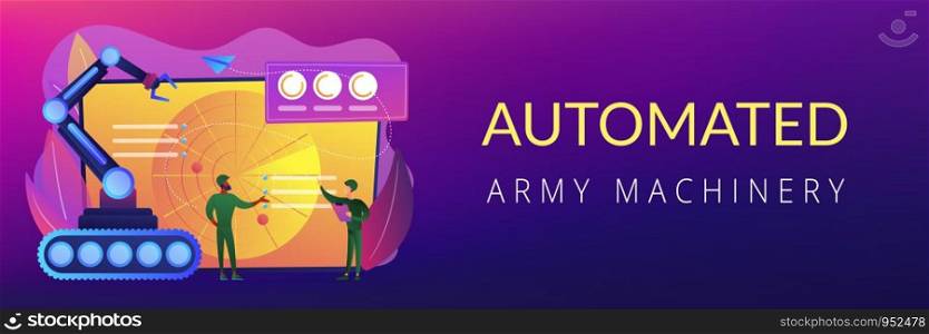 Soldiers at radar planning to use robot for military actions. Military robotics, automated army machinery, military robot technologies concept. Header or footer banner template with copy space.. Military robotics concept banner header.
