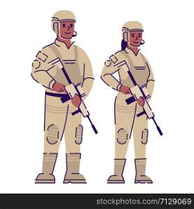 Soldiers flat vector character. Military man and woman with weapon and uniform cartoon illustration with outline. African american army soldiers couple Professional snipers, officers isolated on white