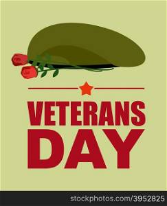 Soldiers green beret and flowers. Veterans Day. Vector illustration of patriotic national holiday USA&#xA;