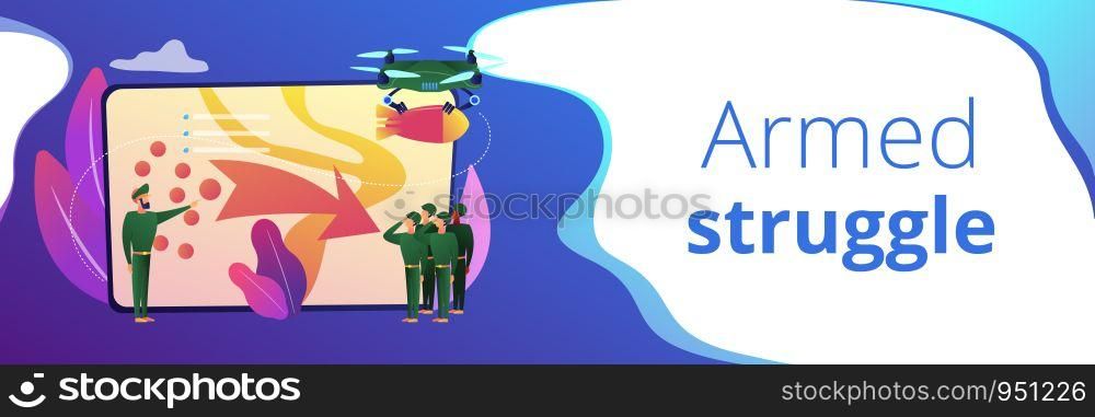Soldiers looking at coordinated military actions and tactics, tiny people. Military operation, armed struggle, national security plan concept. Header or footer banner template with copy space.. Military operation concept banner header.