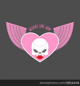 Soldiers love army logo and emblem. White skull and pink heart with wings. Vector illustration.&#xA;