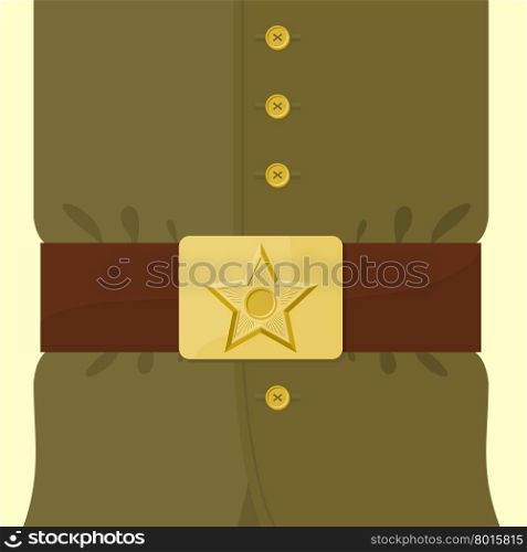 Soldiers retro clothing. Strap and buckle with star. Vintage military uniform. Green uniforms of Russian soldier. Illustration for 23 February and 9 May.&#xA;