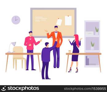 Sole office in company illustration. Group of characters employees company in a small mess discuss development of new company beginning development vector career.. Sole office in company illustration. Group of characters employees company in a small mess discuss.