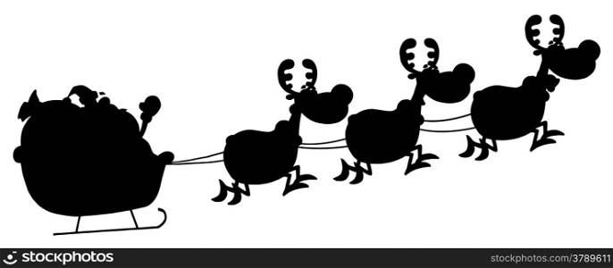Solid Black Silhouette Of A Reindeer Pulling Santas Sleigh