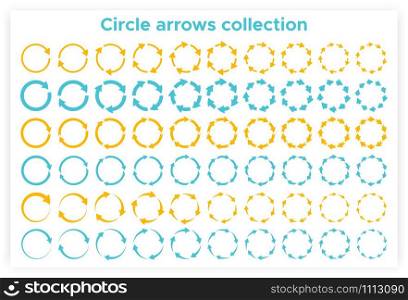 Solid circular arrows symbols collection vector illustration. Reuse or process icon and reset or process pictogram, circle arrows set isolated on white background for presentation or infographic. Solid circular arrows symbols vector collection