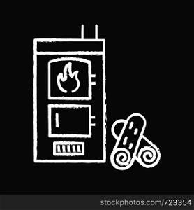 Solid fuel boiler chalk icon. House central heater. Firewood boiler with two chambers. Heating system. Isolated vector chalkboard illustration. Solid fuel boiler chalk icon