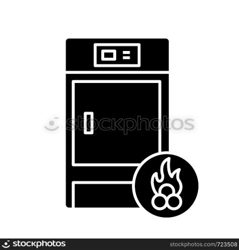 Solid fuel boiler glyph icon. Silhouette symbol. House central heater. Firewood boiler. Heating system. Negative space. Vector isolated illustration. Solid fuel boiler glyph icon