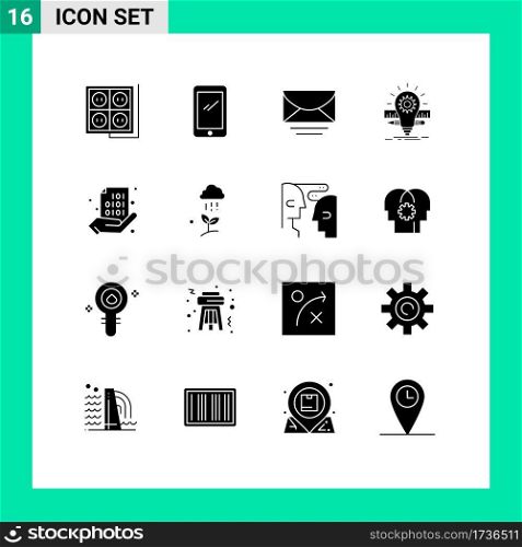 Solid Glyph Pack of 16 Universal Symbols of pencil, idea, android, deveopment, message Editable Vector Design Elements