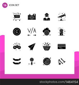Solid Glyph Pack of 16 Universal Symbols of telescope, astronomy, retro camera, woman, reality Editable Vector Design Elements