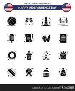 Solid Glyph Pack of 16 USA Independence Day Symbols of cream  landmark  monument  golden  bridge Editable USA Day Vector Design Elements
