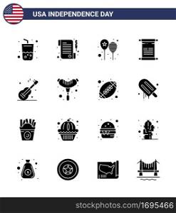 Solid Glyph Pack of 16 USA Independence Day Symbols of music  usa  celebrate  american  scroll Editable USA Day Vector Design Elements