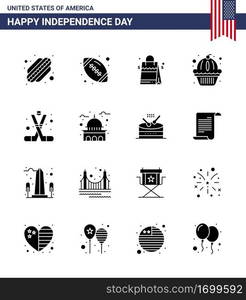 Solid Glyph Pack of 16 USA Independence Day Symbols of sports; hockey; handbag; cake; muffin Editable USA Day Vector Design Elements