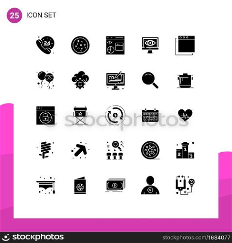 Solid Glyph Pack of 25 Universal Symbols of balloon, apps, data, surveillance, computer Editable Vector Design Elements