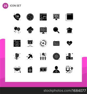 Solid Glyph Pack of 25 Universal Symbols of balloon, apps, data, surveillance, computer Editable Vector Design Elements