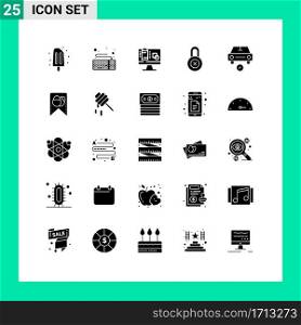 Solid Glyph Pack of 25 Universal Symbols of complete, car, computer, protection, lock Editable Vector Design Elements