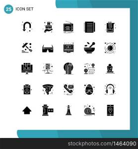 Solid Glyph Pack of 25 Universal Symbols of paper, notebook, sign, note, television Editable Vector Design Elements