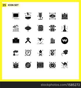 Solid Glyph Pack of 25 Universal Symbols of printer, gadget, yoga, eye, summer Editable Vector Design Elements