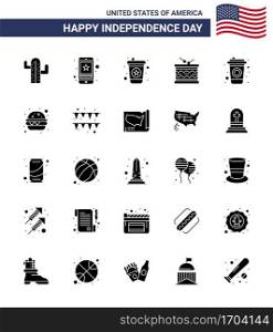 Solid Glyph Pack of 25 USA Independence Day Symbols of bottle  parade  phone  irish  drum Editable USA Day Vector Design Elements