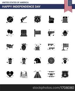 Solid Glyph Pack of 25 USA Independence Day Symbols of entertainment  american  american  usa  foam hand Editable USA Day Vector Design Elements