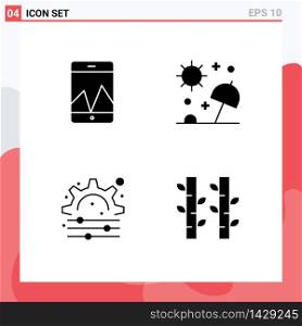 Solid Glyph Pack of 4 Universal Symbols of analytics, process, beach, summer, bamboo Editable Vector Design Elements