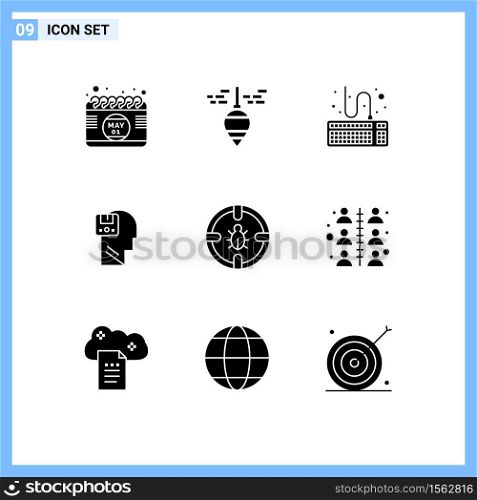 Solid Glyph Pack of 9 Universal Symbols of bug, user, attach, data, memory Editable Vector Design Elements