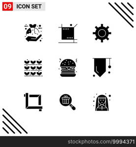 Solid Glyph Pack of 9 Universal Symbols of burger, nature, tool, grower, gear Editable Vector Design Elements