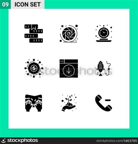 Solid Glyph Pack of 9 Universal Symbols of donation, crowd funding, lens aperture, campaign, retro Editable Vector Design Elements