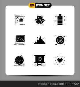 Solid Glyph Pack of 9 Universal Symbols of mountain, nature, energy, landscape, gallery Editable Vector Design Elements