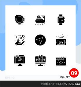Solid Glyph Pack of 9 Universal Symbols of pointer, direction, hand watch, earnings, profit Editable Vector Design Elements