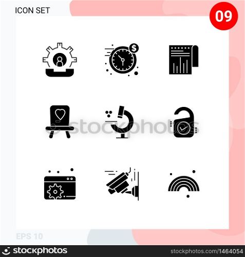 Solid Glyph Pack of 9 Universal Symbols of science, education, time, chair, report Editable Vector Design Elements