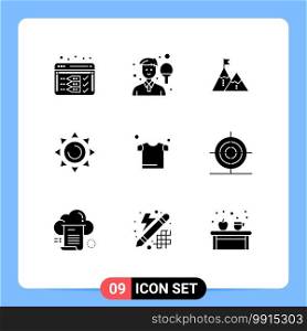 Solid Glyph Pack of 9 Universal Symbols of shinning, peak, racket, mountain, goal Editable Vector Design Elements