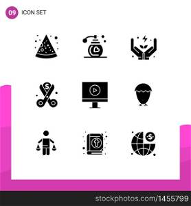Solid Glyph Pack of 9 Universal Symbols of video, display, power, spending, money Editable Vector Design Elements