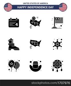 Solid Glyph Pack of 9 USA Independence Day Symbols of usa; states; flag; map; boot Editable USA Day Vector Design Elements