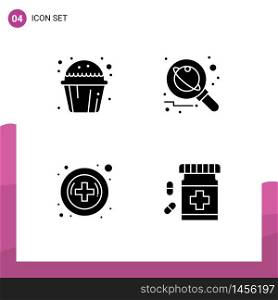 Solid Glyph Pack of Universal Symbols of cake, hospital, muffin sweet, research, pharmacy Editable Vector Design Elements